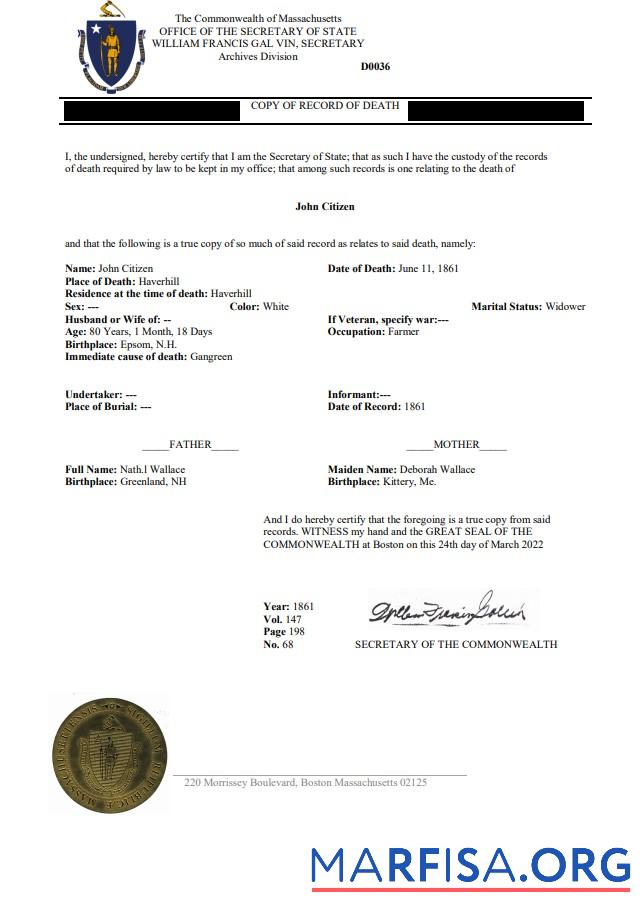 Realistic USA Massachussetts Death Certificate example